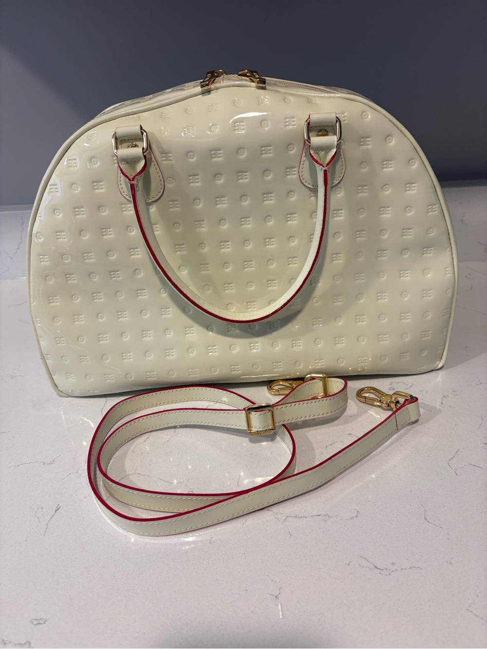 Cream Patent Dome Arcadia Satchel with Red-Trim Handles